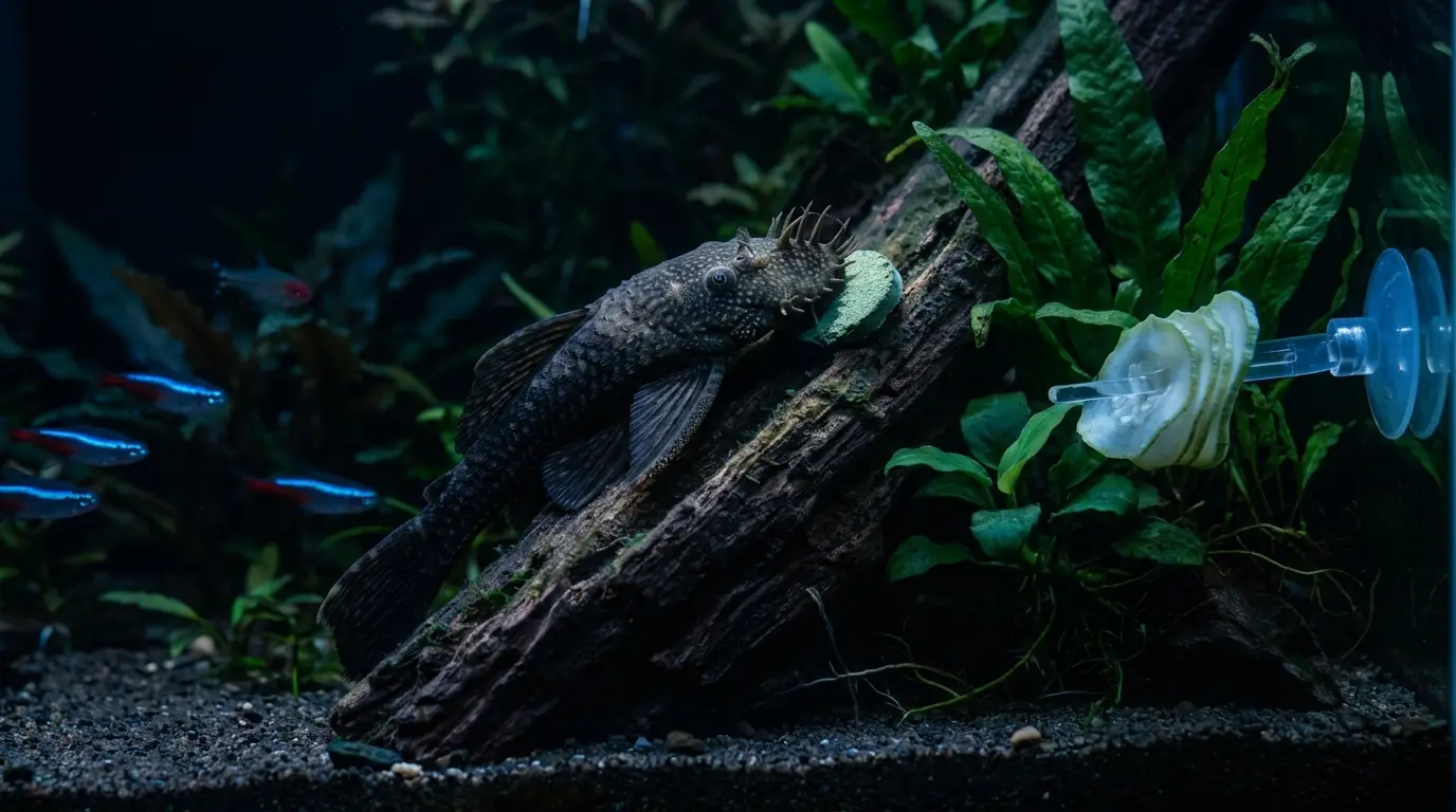 Bristlenose pleco feeding on a spirulina algae wafer beside blanched zucchini and driftwood in a planted aquarium.