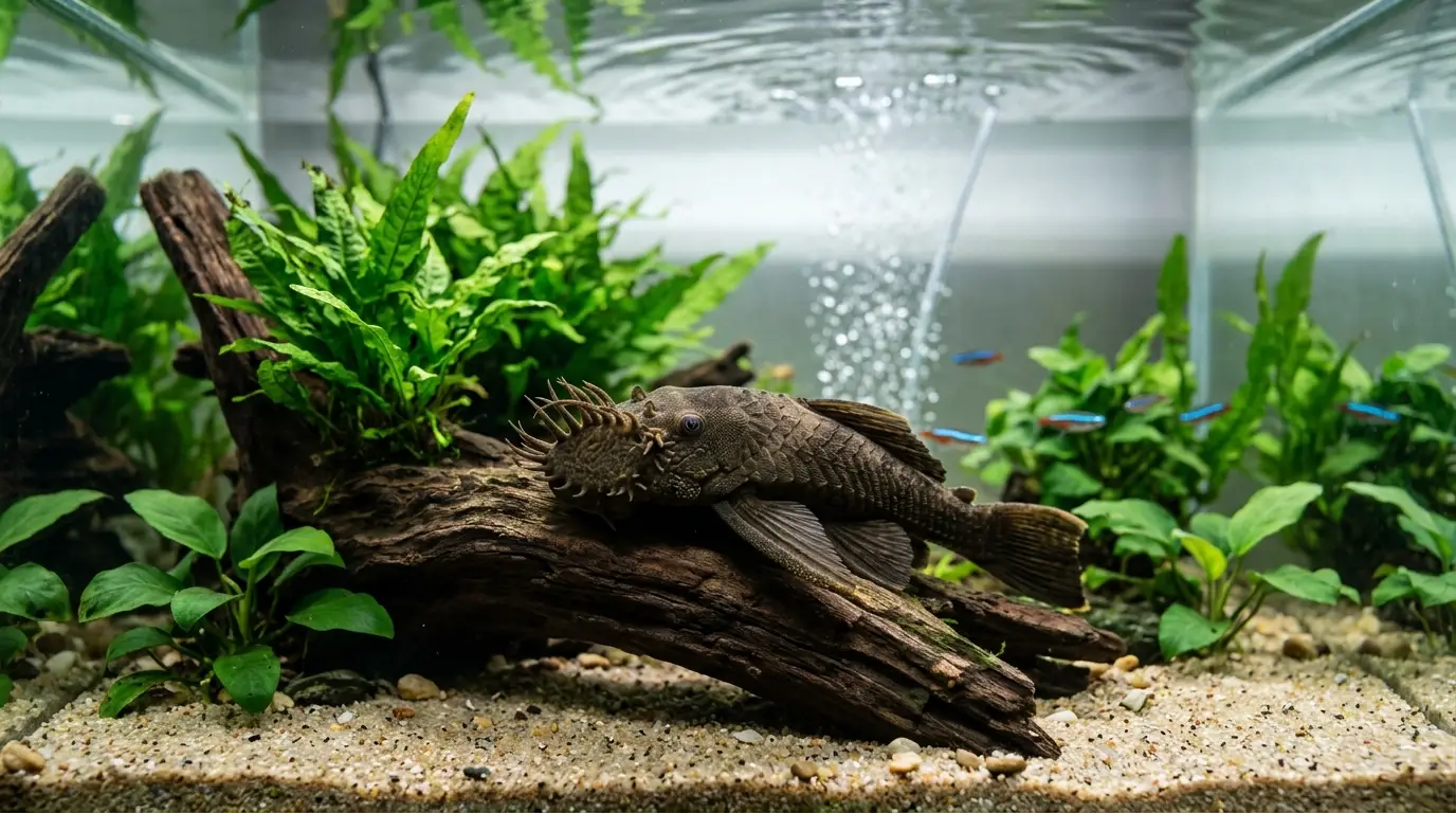 Aquarist maintaining a planted bristlenose pleco aquarium with water testing, gravel cleaning, and filter care.