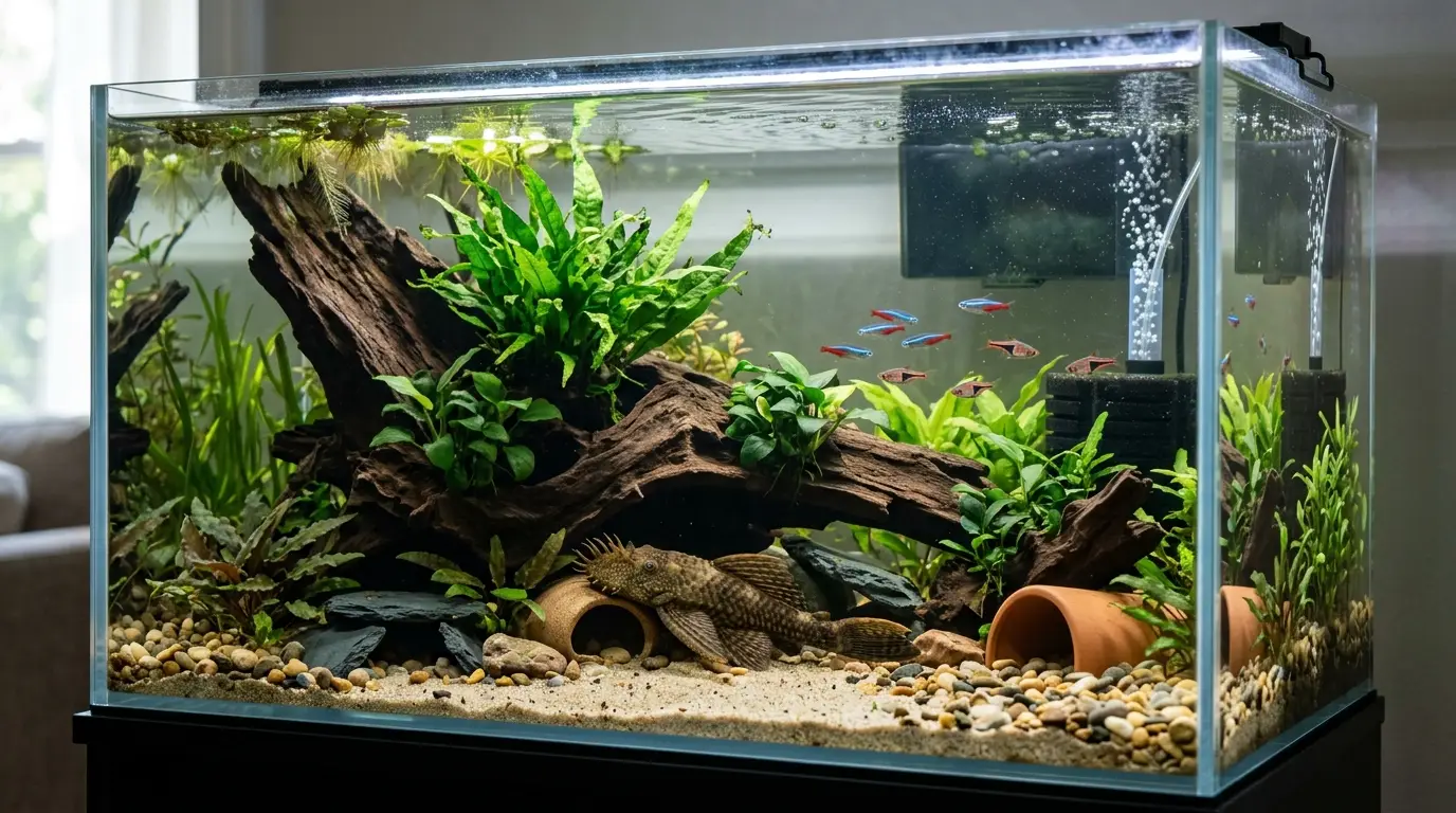 Bristlenose pleco aquarium with driftwood, caves, aquatic plants, gentle filtration, and shaded resting areas.
