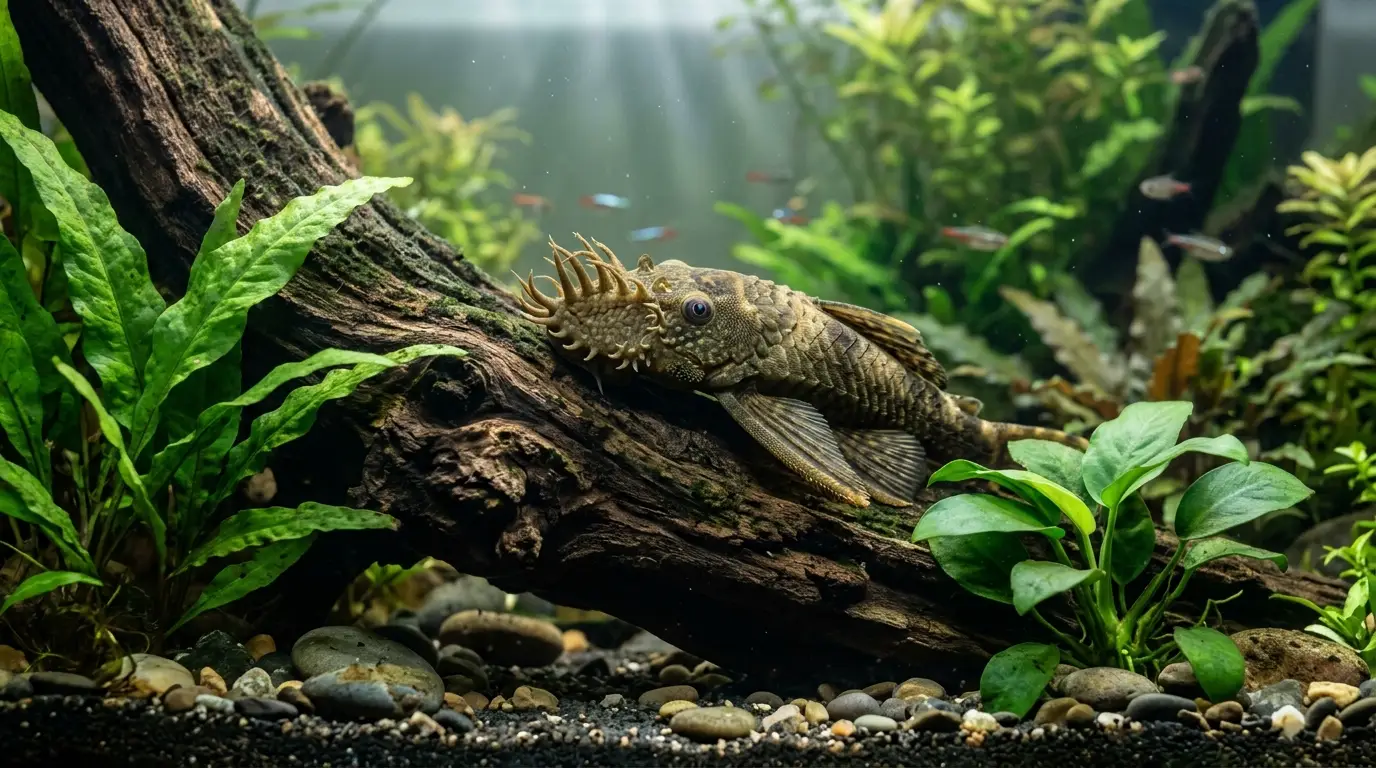 Adult bristlenose pleco showing characteristic facial bristles while resting on driftwood in a planted freshwater aquarium.