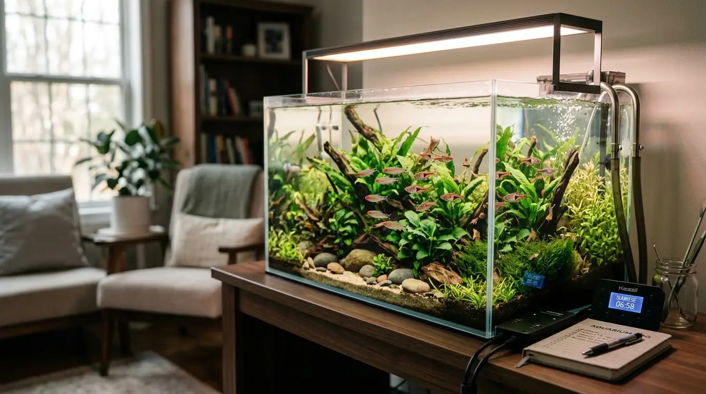 Aquarium LED lighting system with programmable timer creating a consistent daily lighting routine