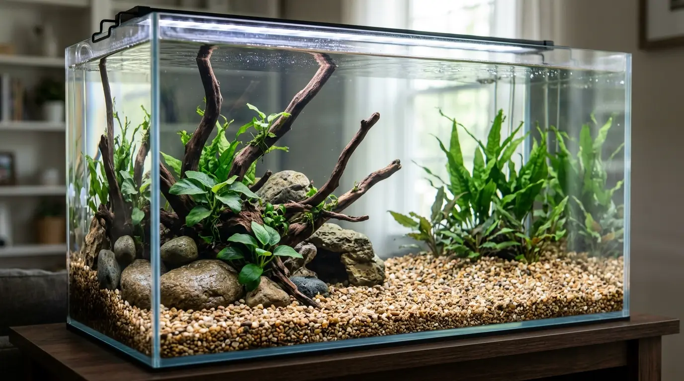 Beginner aquascape with gravel substrate, driftwood, rocks, Anubias, Java fern, and open swimming space inside a freshwater aquarium