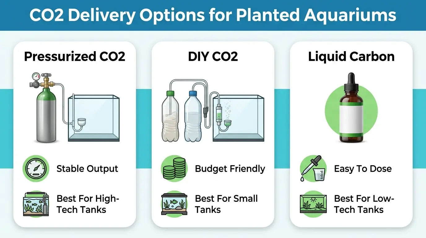 Comparison of pressurized CO2 system, DIY CO2 setup, and liquid carbon for planted aquariums.