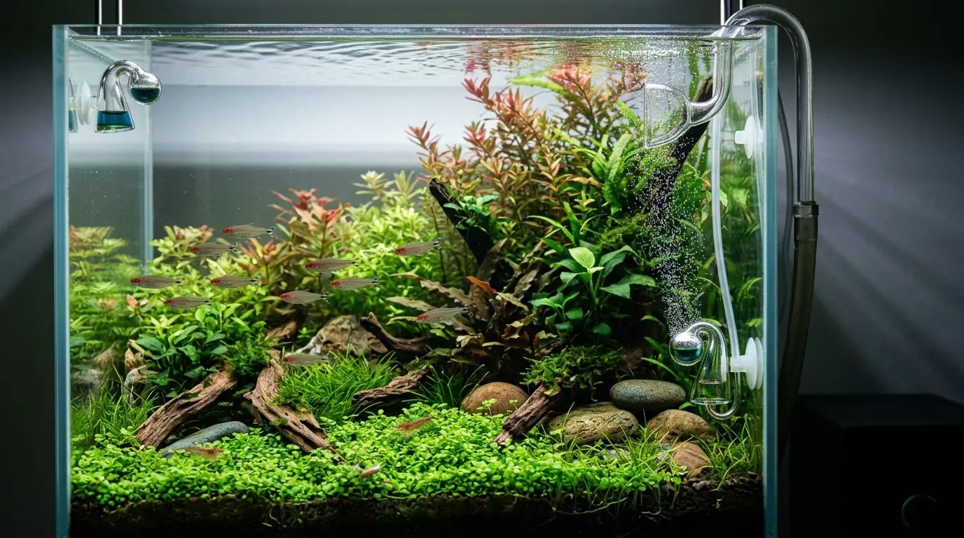 Planted aquarium with healthy aquatic plants, CO2 diffuser, bubble stream, and lush aquascape