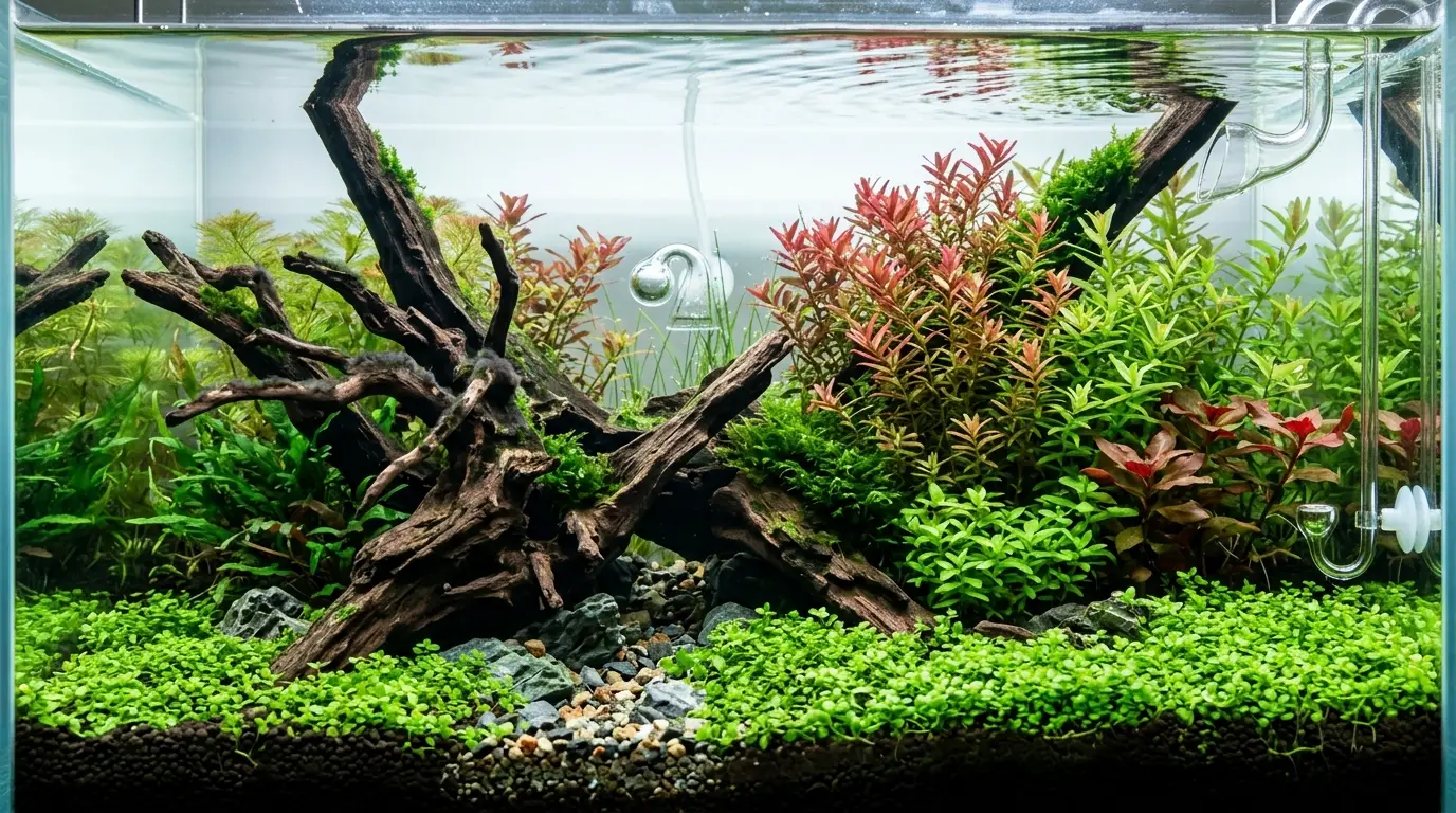 Healthy planted aquarium recovering from black beard algae after improving CO2 stability and plant growth.