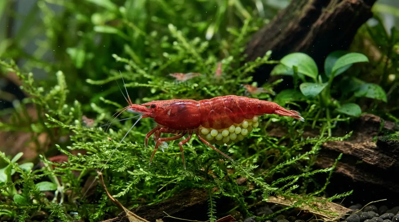 Female cherry shrimp carrying eggs among dense Java moss in a planted aquarium
