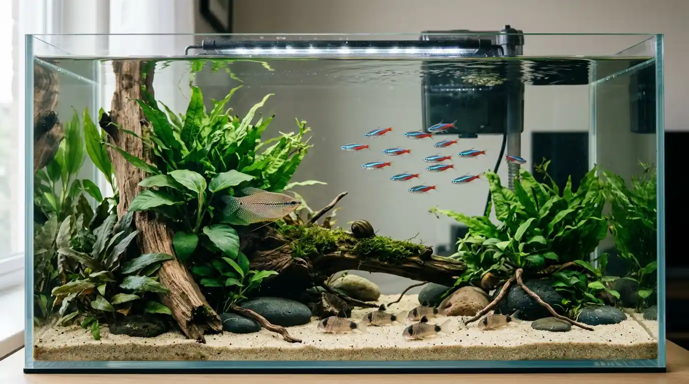 Beginner-friendly freshwater community fish swimming in a planted 20-gallon aquarium with open space and natural shelter.