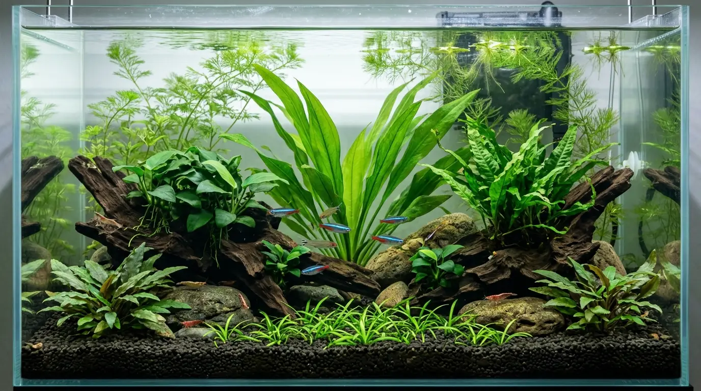 Healthy aquarium plants including Anubias, Java fern, Cryptocoryne, Amazon sword, and floating plants arranged in a natural freshwater aquarium