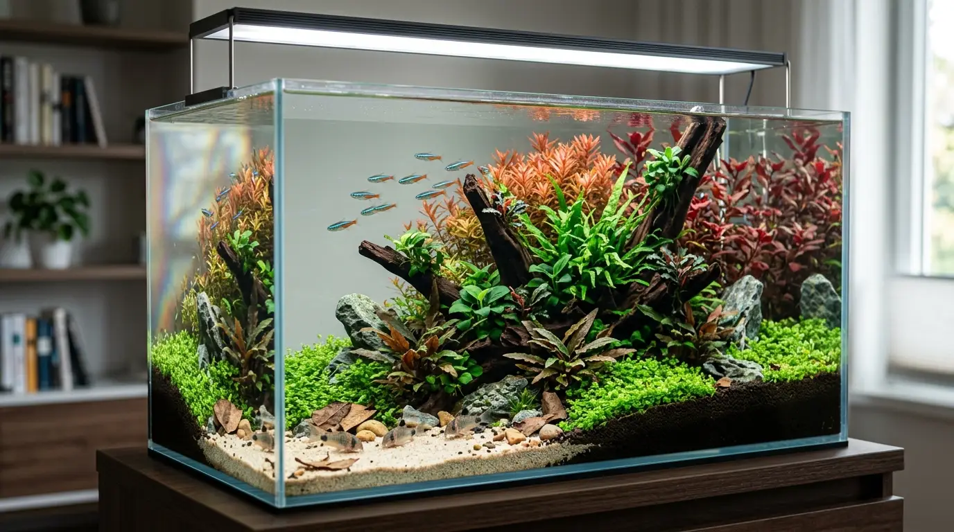 A mature planted aquarium combining suitable substrate, aquatic plants, peaceful fish, and natural hardscape for a balanced aquascape.