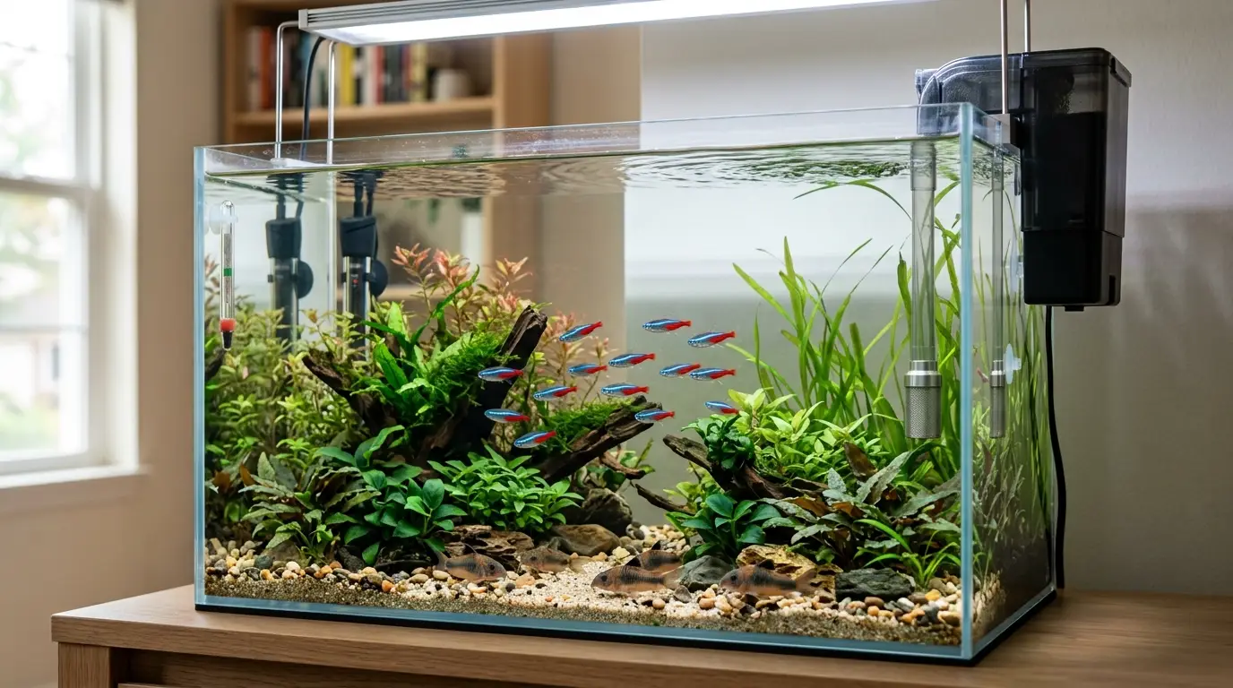 Freshwater aquarium with appropriately sized filtration, gentle circulation, and healthy fish.