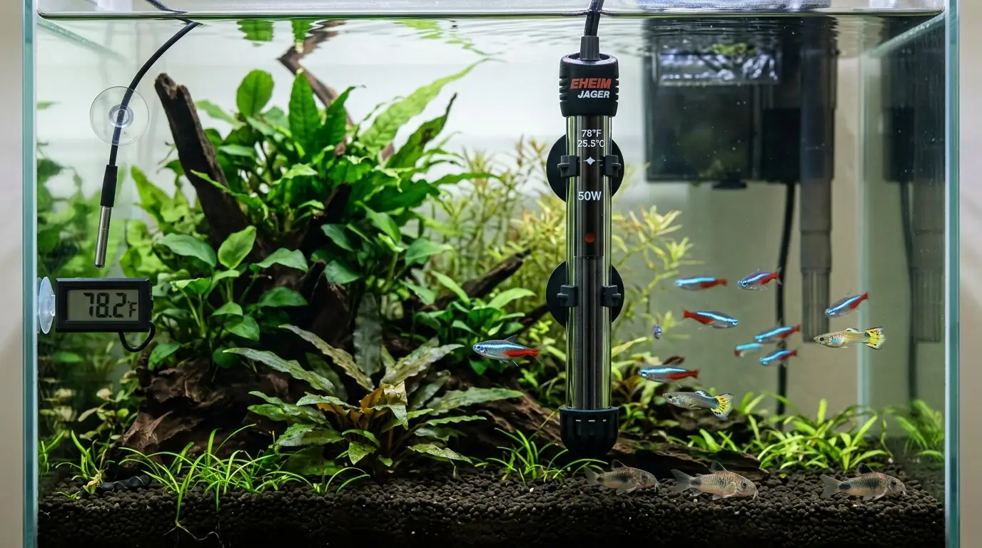 Aquarium heater and thermometer correctly installed in a planted tropical fish tank