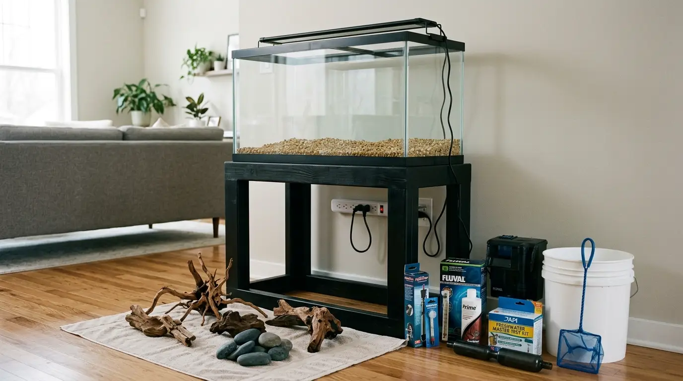 20-gallon freshwater aquarium positioned safely on a level stand away from windows with organized equipment and power cables