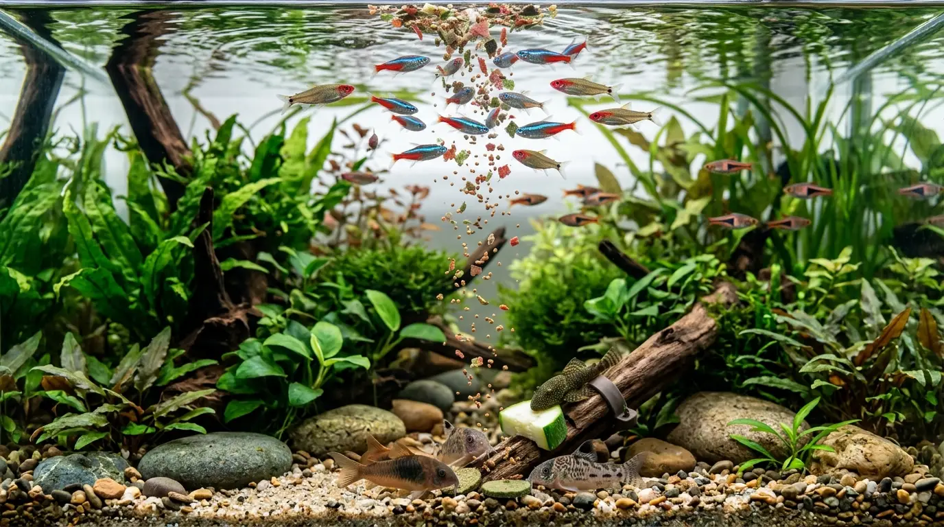 Aquarium fish feeding on a variety of flakes, micro pellets, sinking wafers, frozen foods, and vegetables in a planted aquarium.