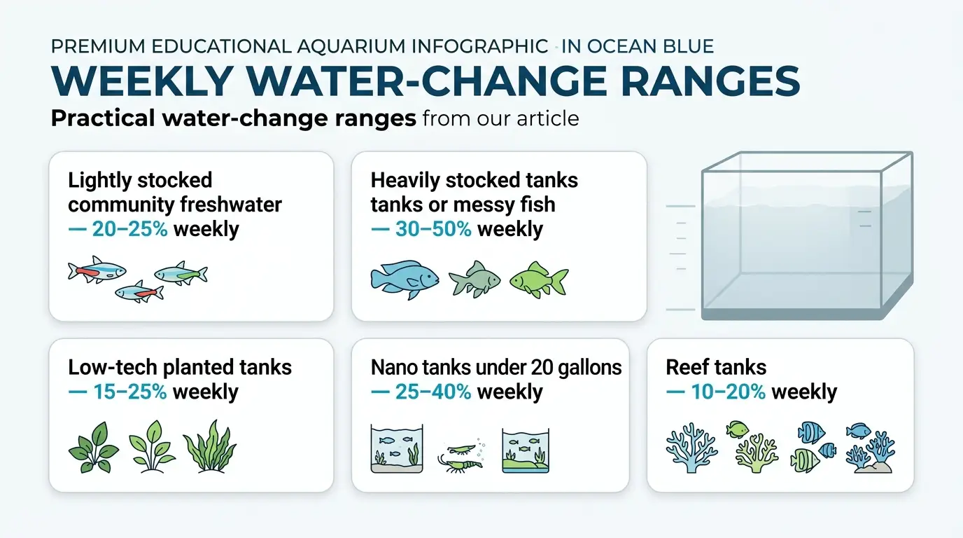 Realistic freshwater aquarium maintenance scene showing different water change volumes based on aquarium stocking and nitrate levels