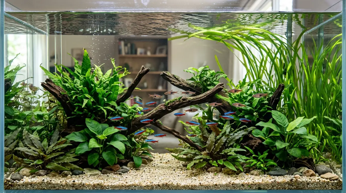 Crystal-clear healthy freshwater aquarium after a routine weekly water change with vibrant fish and aquatic plants