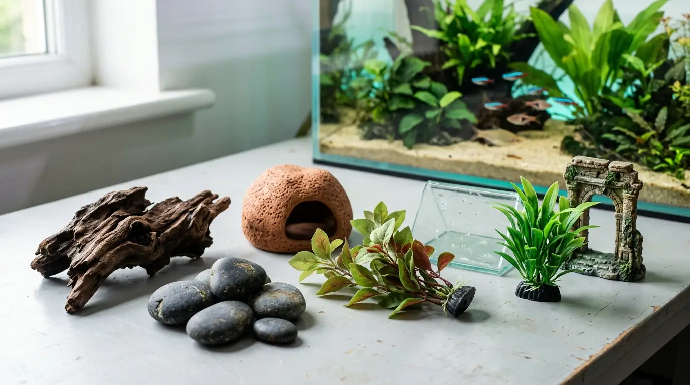 Different aquarium decorations including plastic plants, resin ornaments, glass, natural rocks, and driftwood prepared for material-specific cleaning