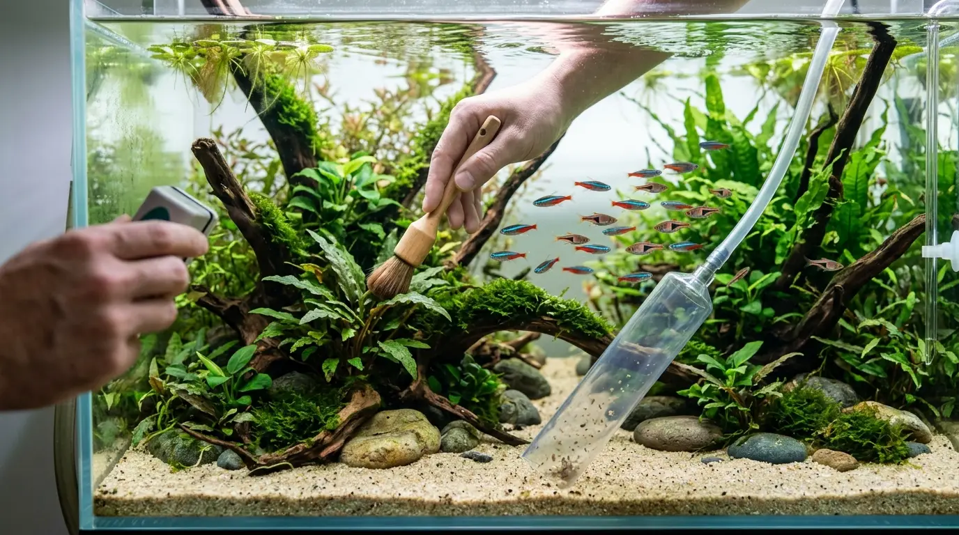 Aquarist removing algae from aquarium glass while gently cleaning substrate and decorations with fish still inside