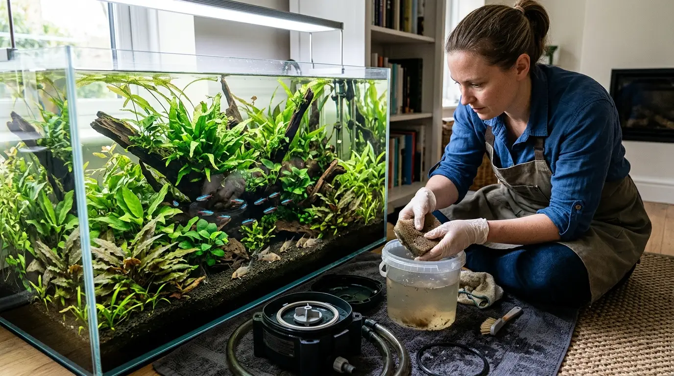 Aquarist rinsing aquarium filter sponges in removed tank water while maintaining beneficial bacteria.
