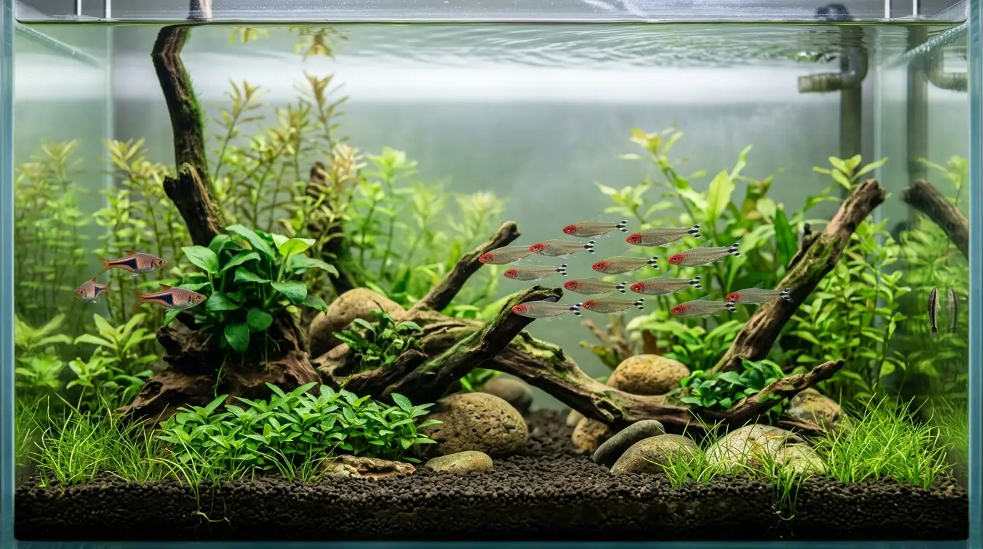 Mature aquarium with clear water, healthy fish, stable biological filtration, and thriving aquatic plants