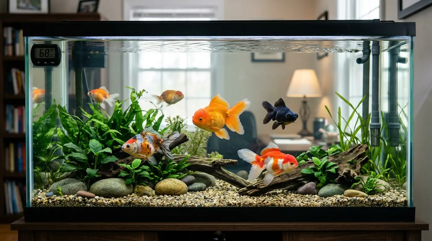 Goldfish and white cloud mountain minnows in a cool stable aquarium without a heater