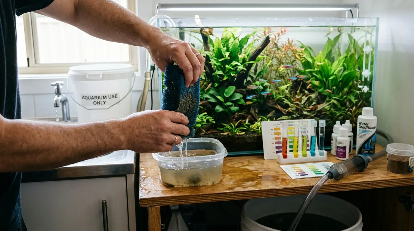 Freshwater aquarium maintenance scene showing filter media, water testing equipment and common cycling mistakes