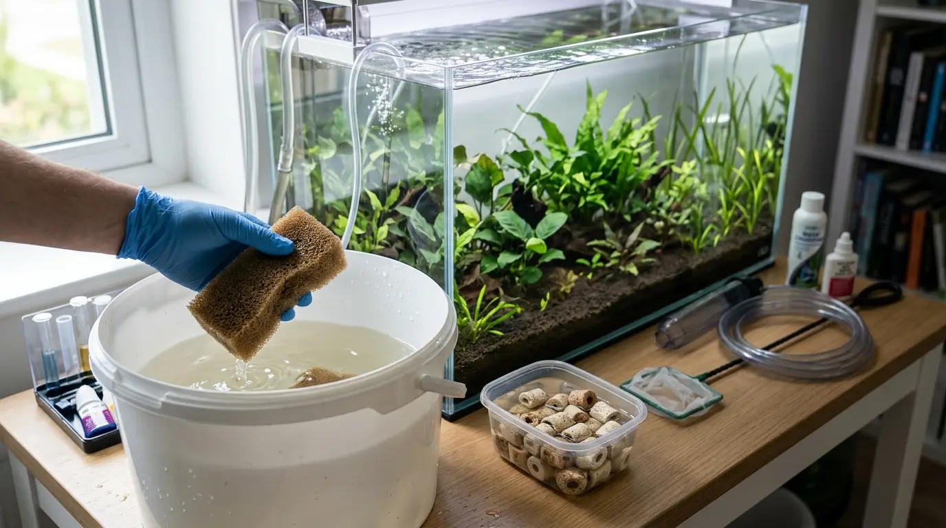A clean freshwater aquarium with properly maintained filter media, controlled ammonia, safe water treatment, and stable biological filtration.