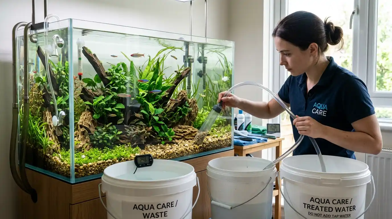 Aquarist avoiding common water change mistakes while performing careful freshwater aquarium maintenance.