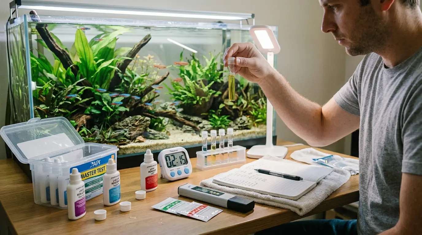 Aquarium water testing mistakes illustrated through improperly timed tests, old reagents, poor lighting, and uncalibrated meters