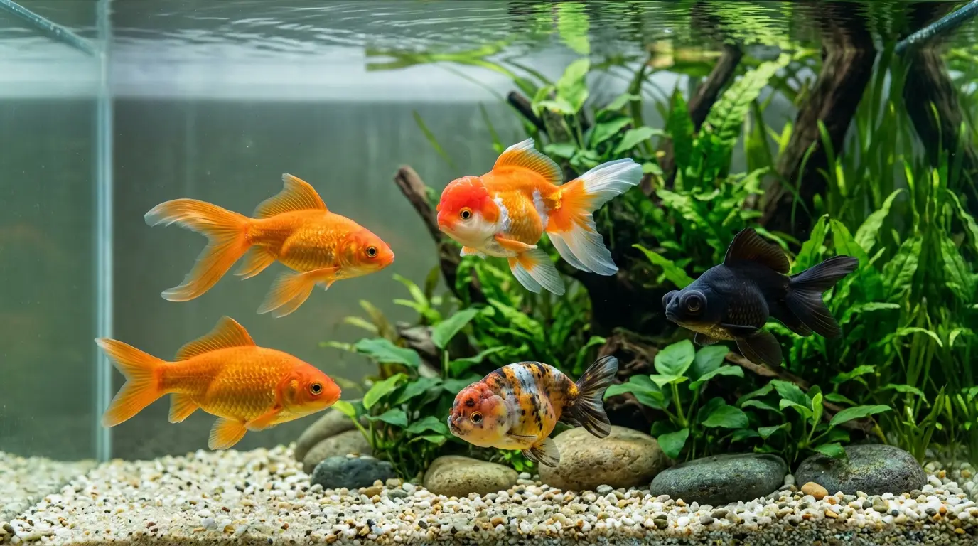 Common, comet, oranda, ranchu, and telescope goldfish displayed naturally in a professionally maintained aquarium environment.