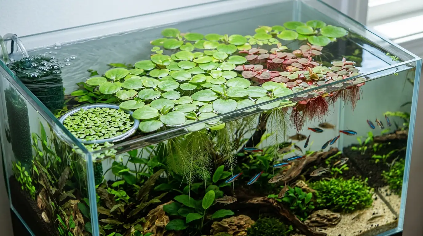 A realistic aquarium showing healthy floating plants with clean leaves and roots, gentle surface flow, and controlled growth.