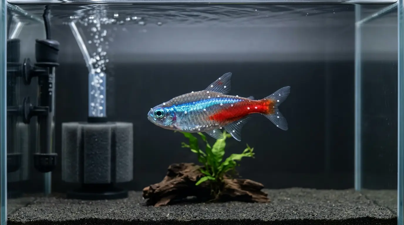 A freshwater fish displaying subtle visible signs of a parasitic infection while being treated in a quarantine aquarium with extra aeration.