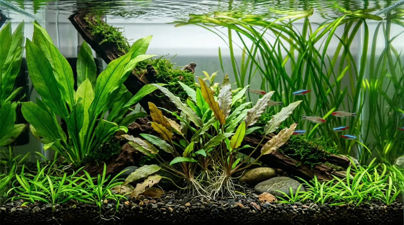 Healthy freshwater rooted plants recovering naturally in a planted aquarium with dense green growth and stable water conditions.