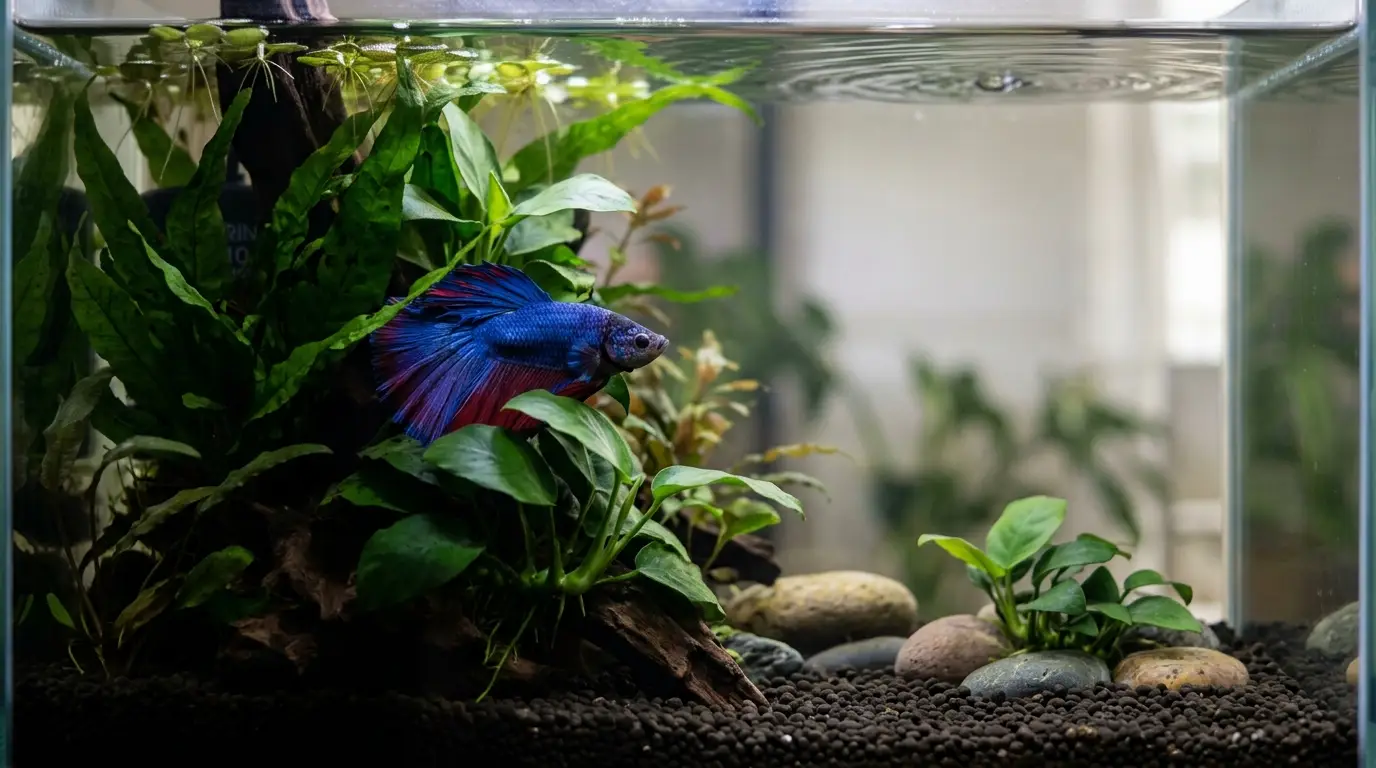 Betta fish sheltering among plants beside aquarium equipment in a realistic freshwater tank