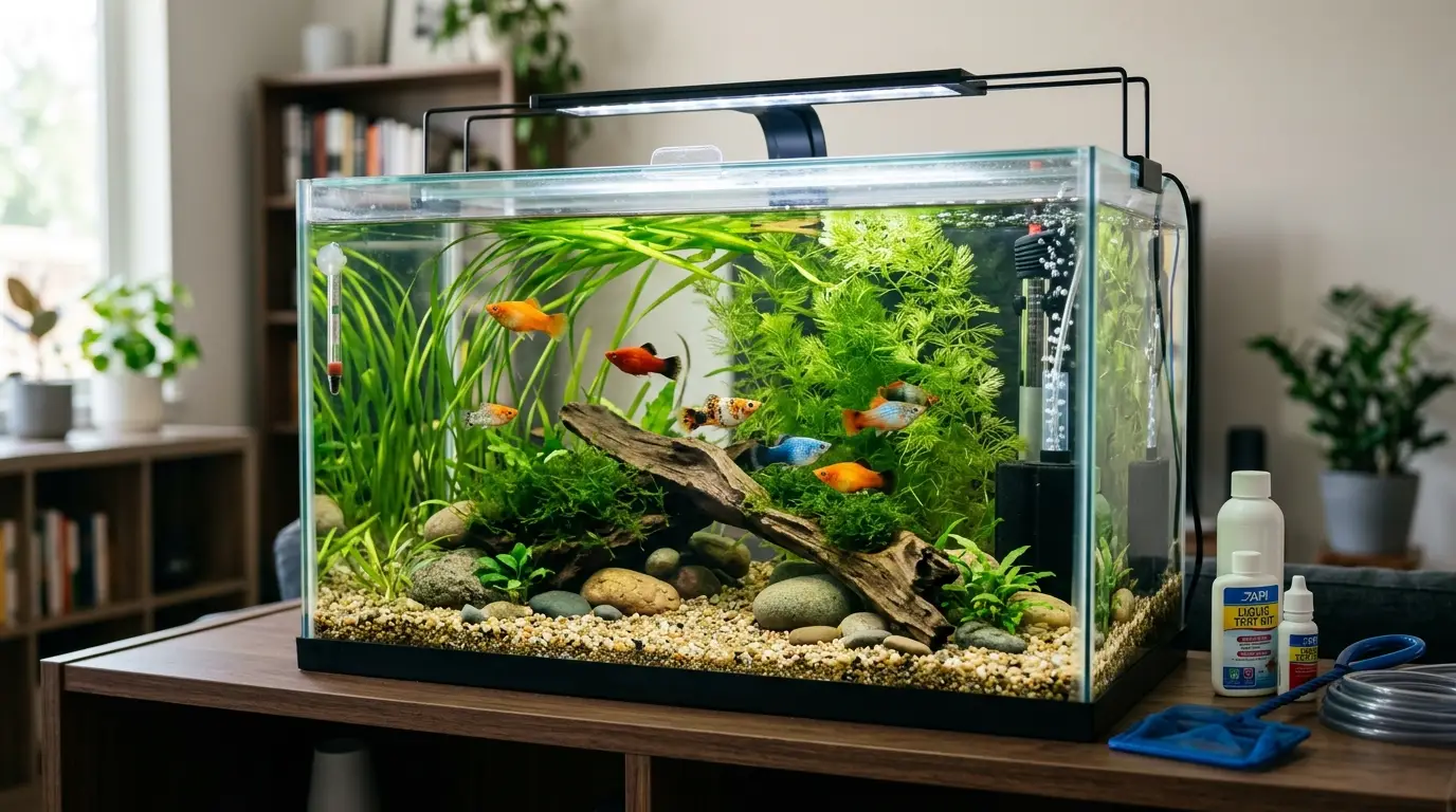 Fully equipped 20-gallon platy aquarium with plants, sponge filter, heater, lighting, substrate, and natural décor.
