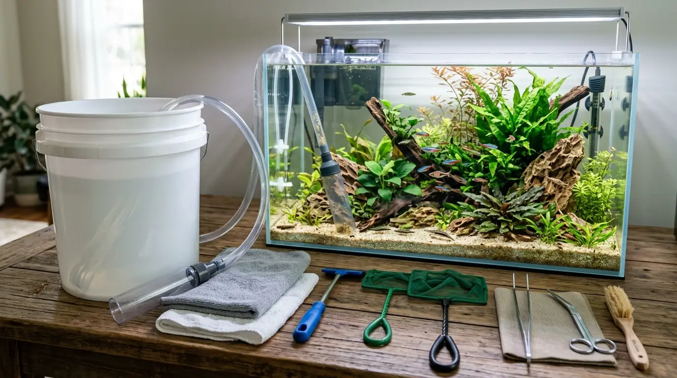 Freshwater aquarium maintenance setup with gravel vacuum, dedicated bucket, algae scraper, nets, towels, and aquascaping tools