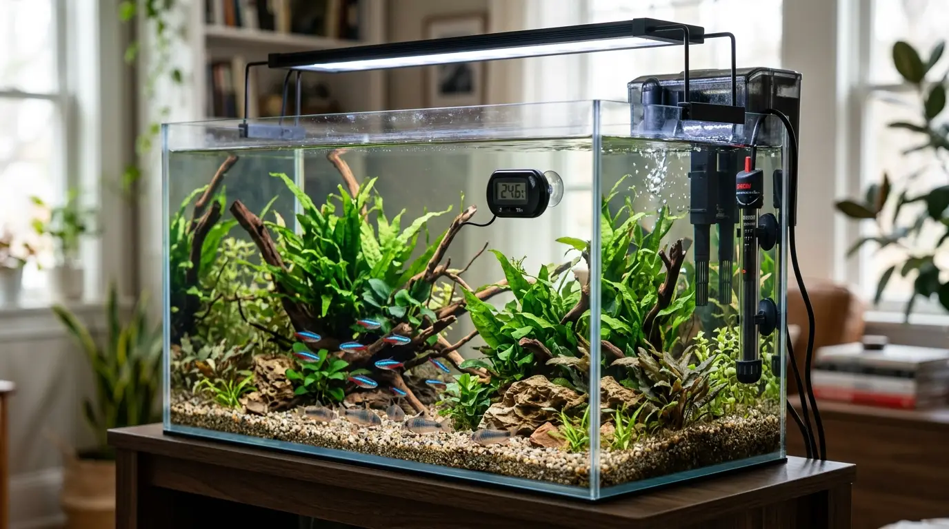 Properly installed aquarium filter, heater, thermometer, lighting, and balanced water flow in a freshwater tank