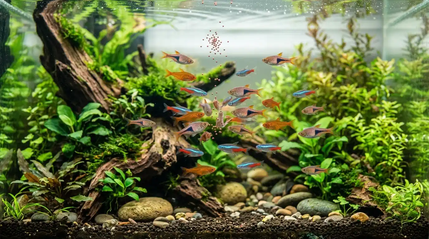 Small measured feeding portion being consumed within one minute by healthy tropical freshwater fish.