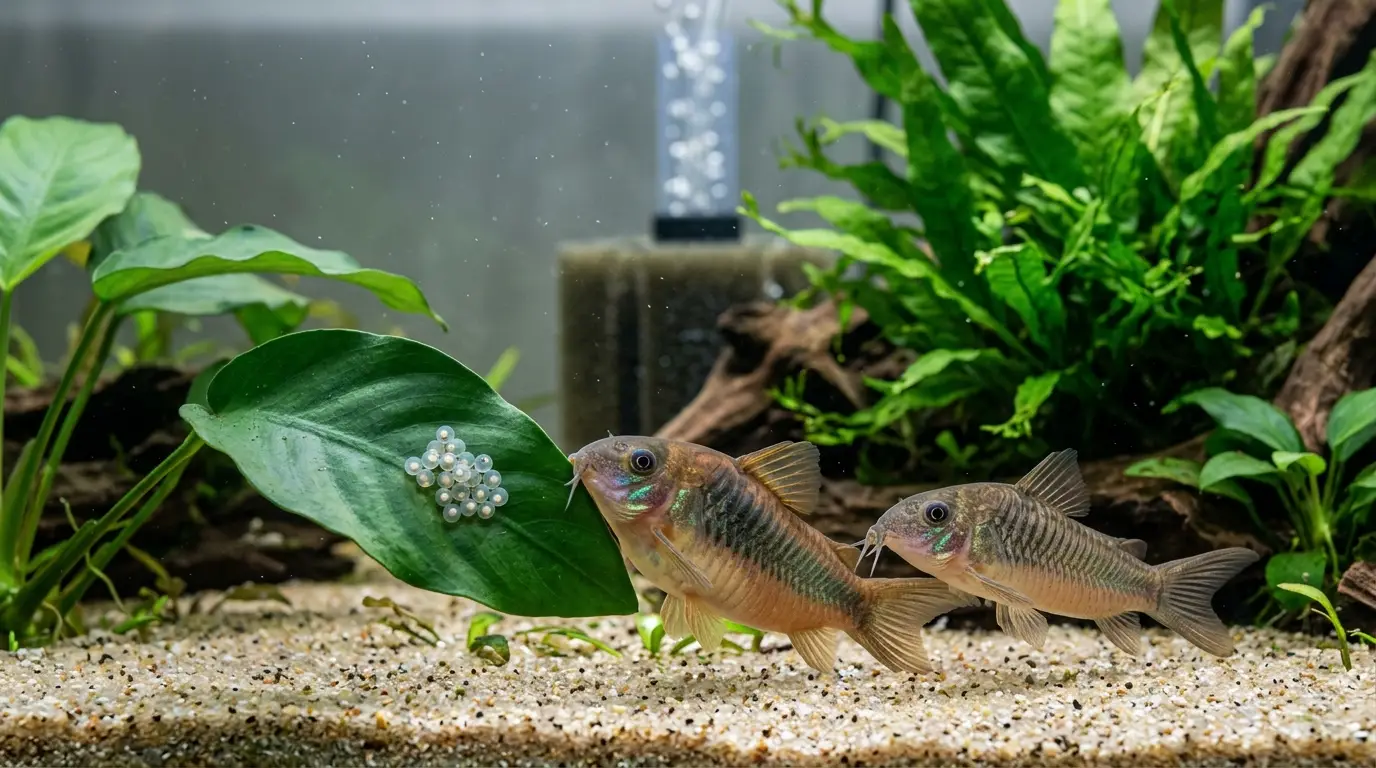 Corydoras breeding aquarium with adult fish and eggs attached to aquarium plants