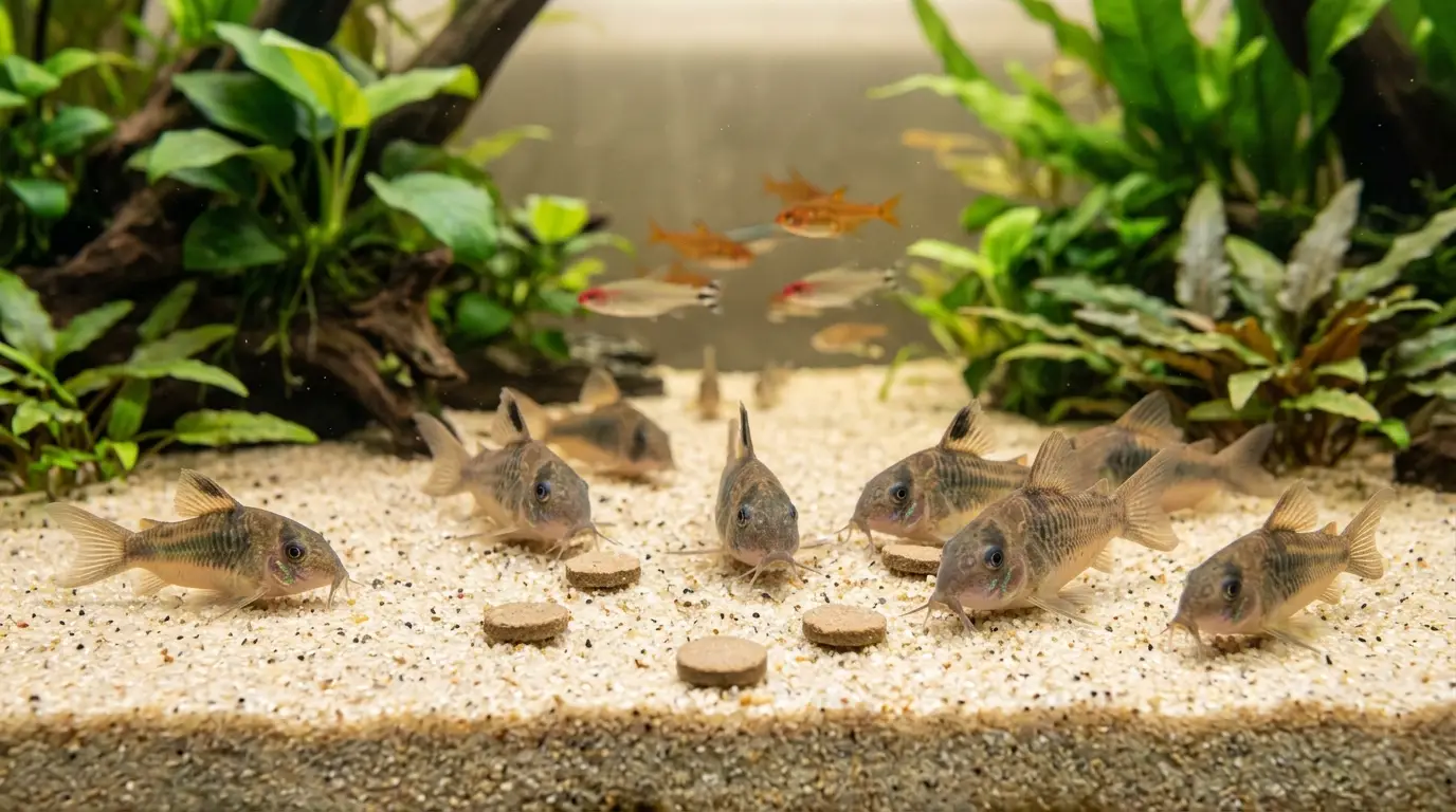 Corydoras catfish feeding on sinking wafers along an open sand lane