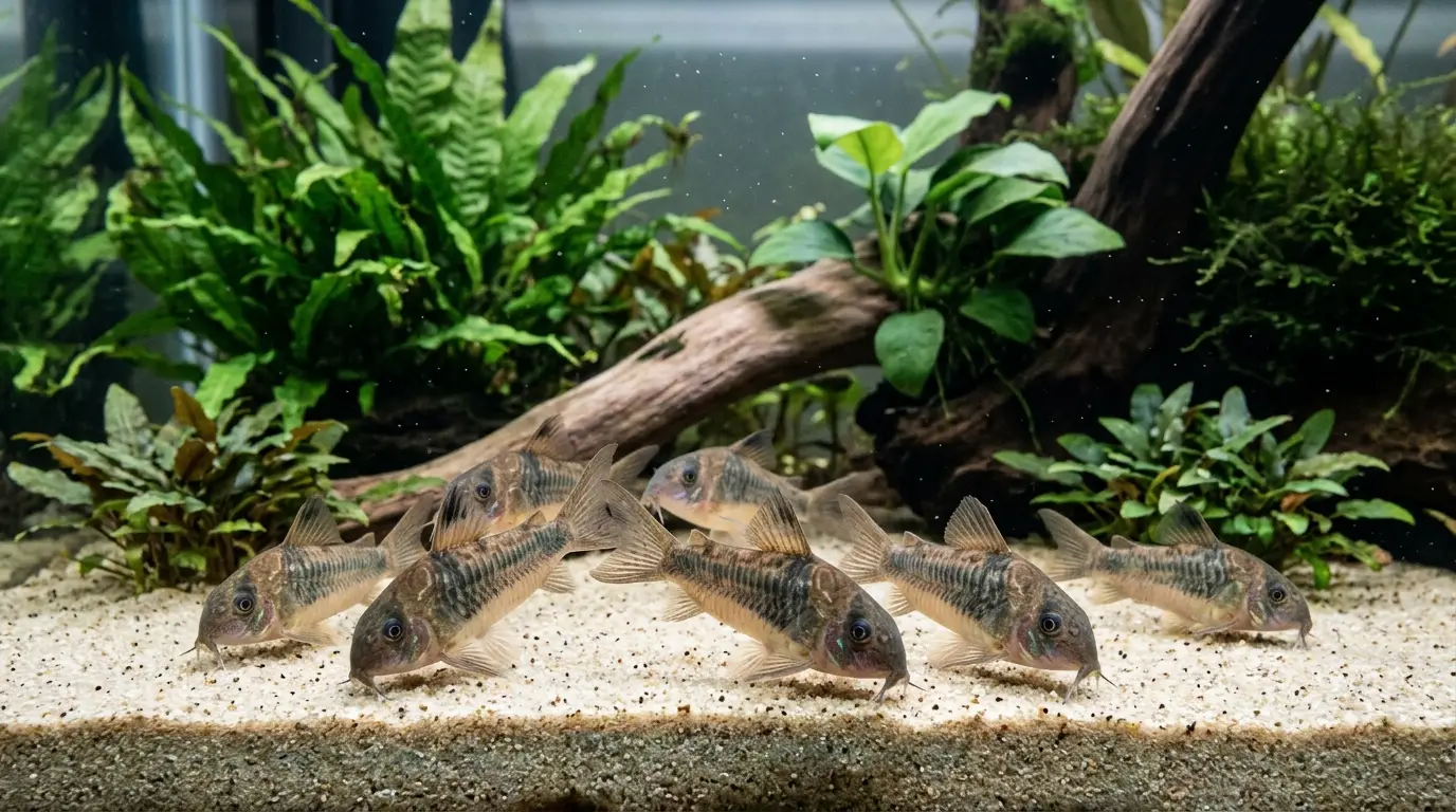 Corydoras catfish schooling together while searching for food across an open sand area