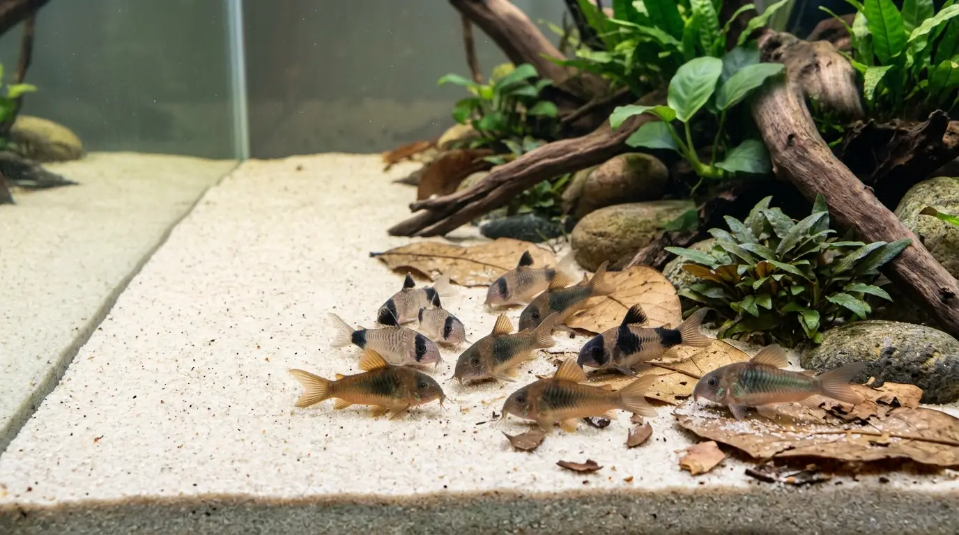 Corydoras group using the open floor space of a long planted freshwater aquarium