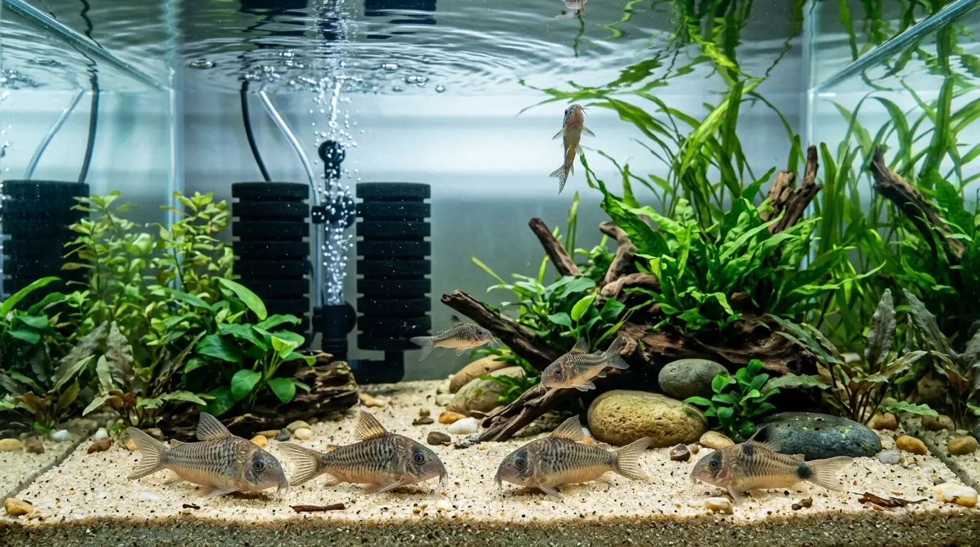 Healthy Corydoras swimming in clean oxygen-rich water with gentle aquarium filtration