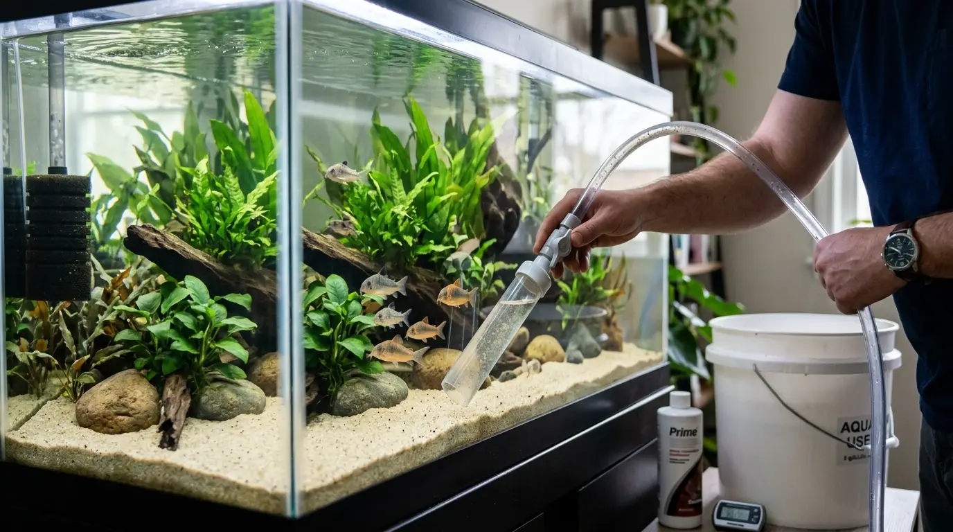 quarist gently maintaining a Corydoras aquarium with a siphon over fine sand