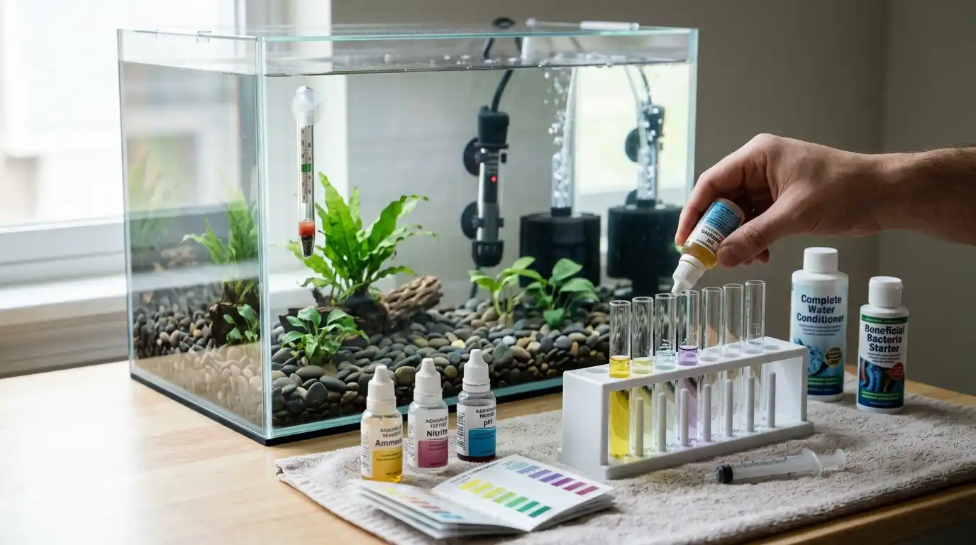 Beginner aquarium setup being tested for ammonia, nitrite, and nitrate before introducing a betta.
