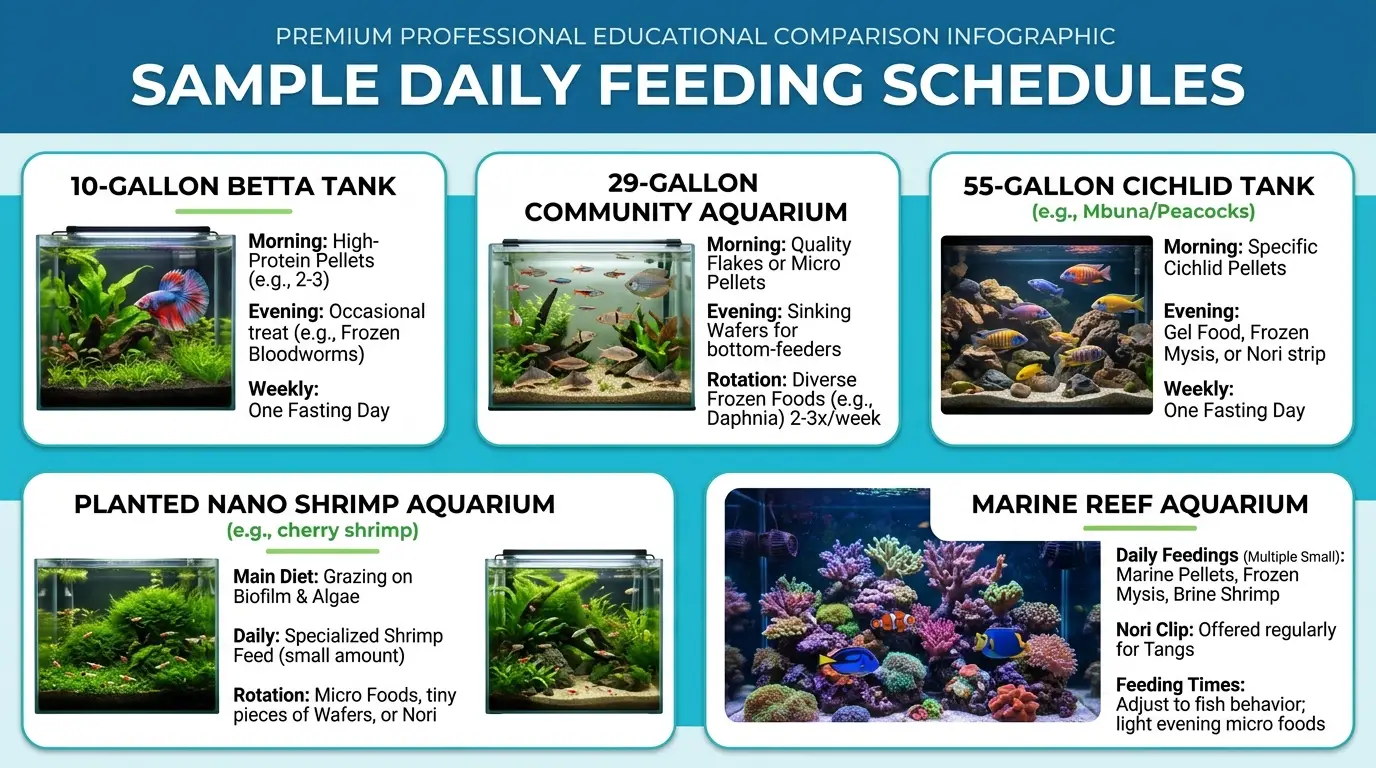 Different aquarium setups illustrating feeding routines for betta, community, cichlid, planted nano, and marine reef tanks.