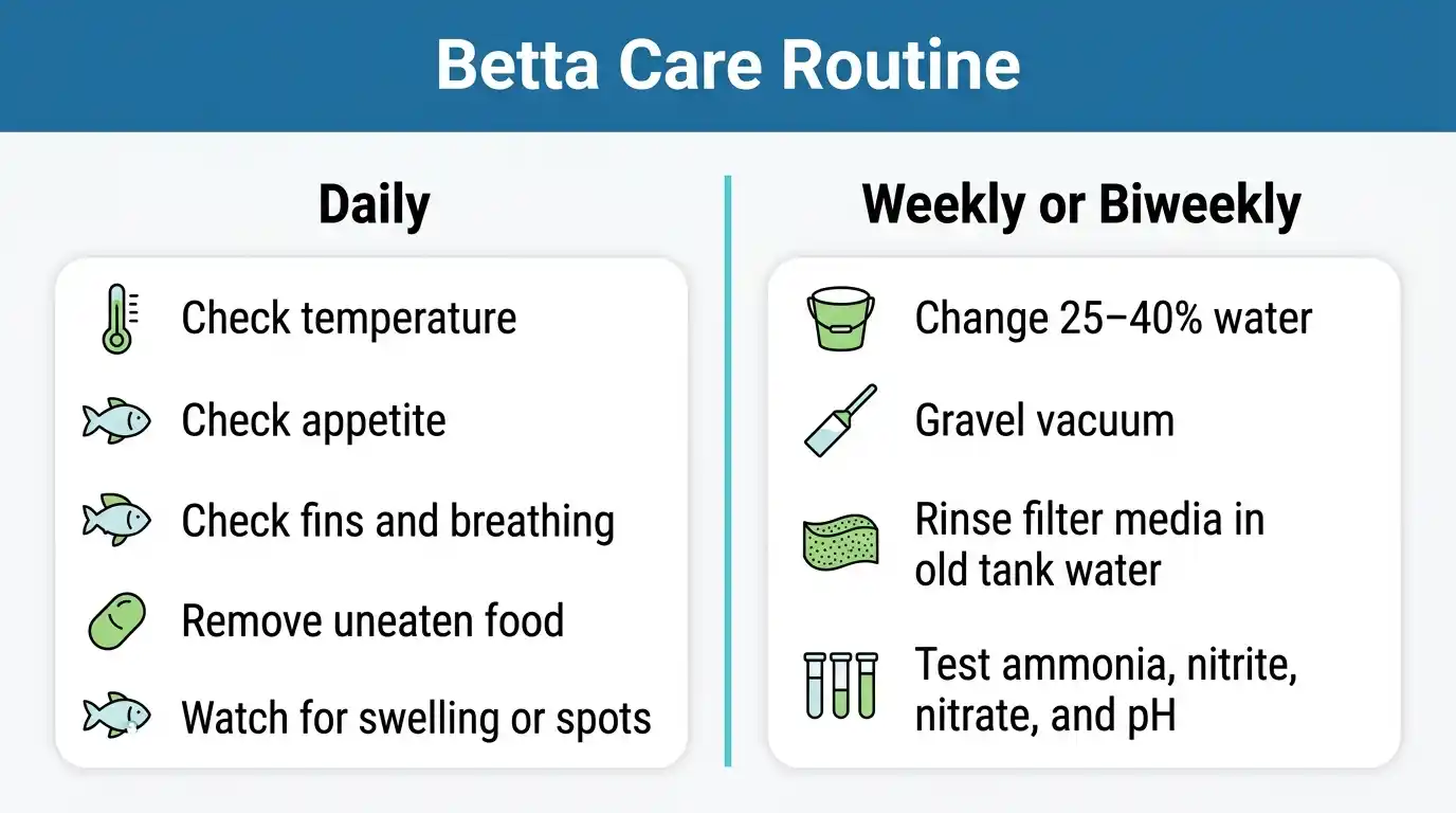 Simple daily and weekly maintenance routine for a healthy betta aquarium.