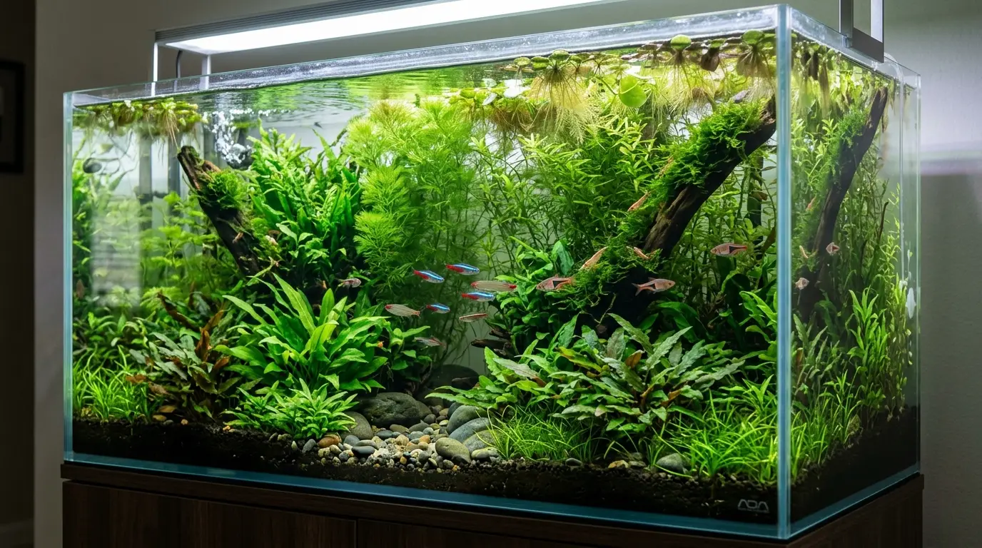 Lush planted freshwater aquarium with fast-growing plants, healthy fish, and clean surfaces