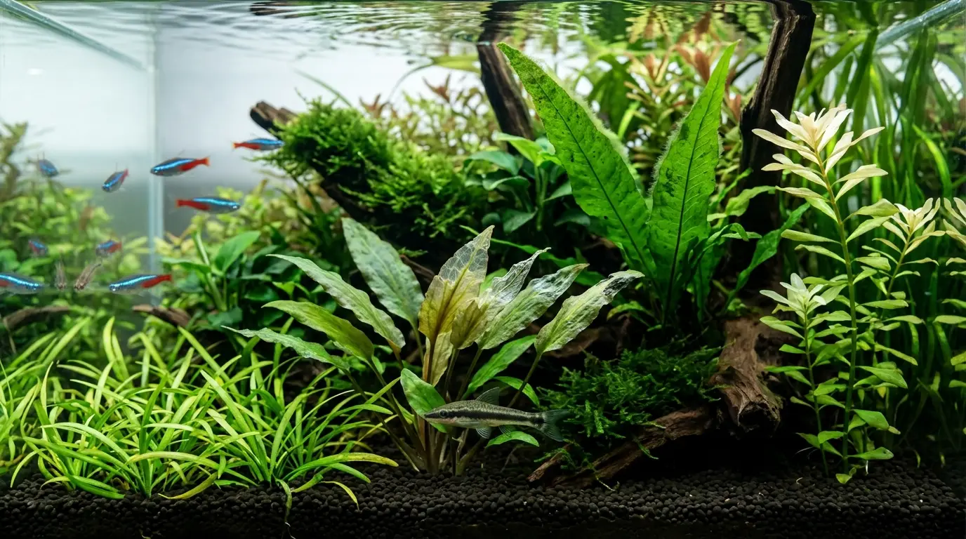 Planted aquarium showing healthy and stressed aquatic plant leaves with realistic signs of algae, melting, and nutrient deficiency