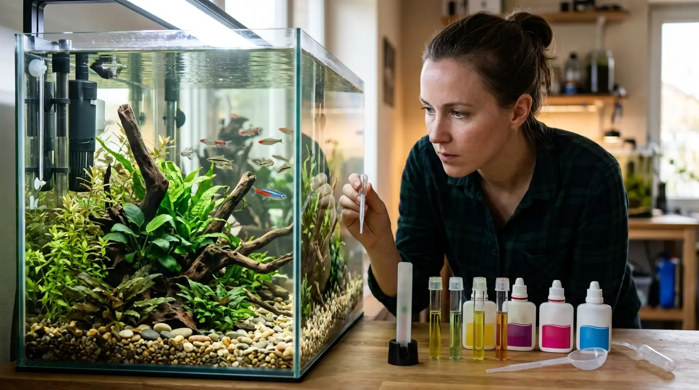Aquarium keeper inspecting fish and testing aquarium water during a suspected ich outbreak