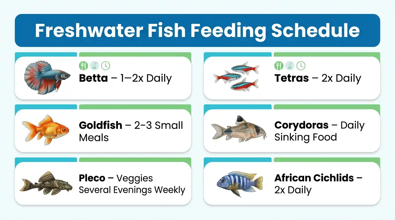 Comparison of common freshwater aquarium fish species with appropriate feeding habits.